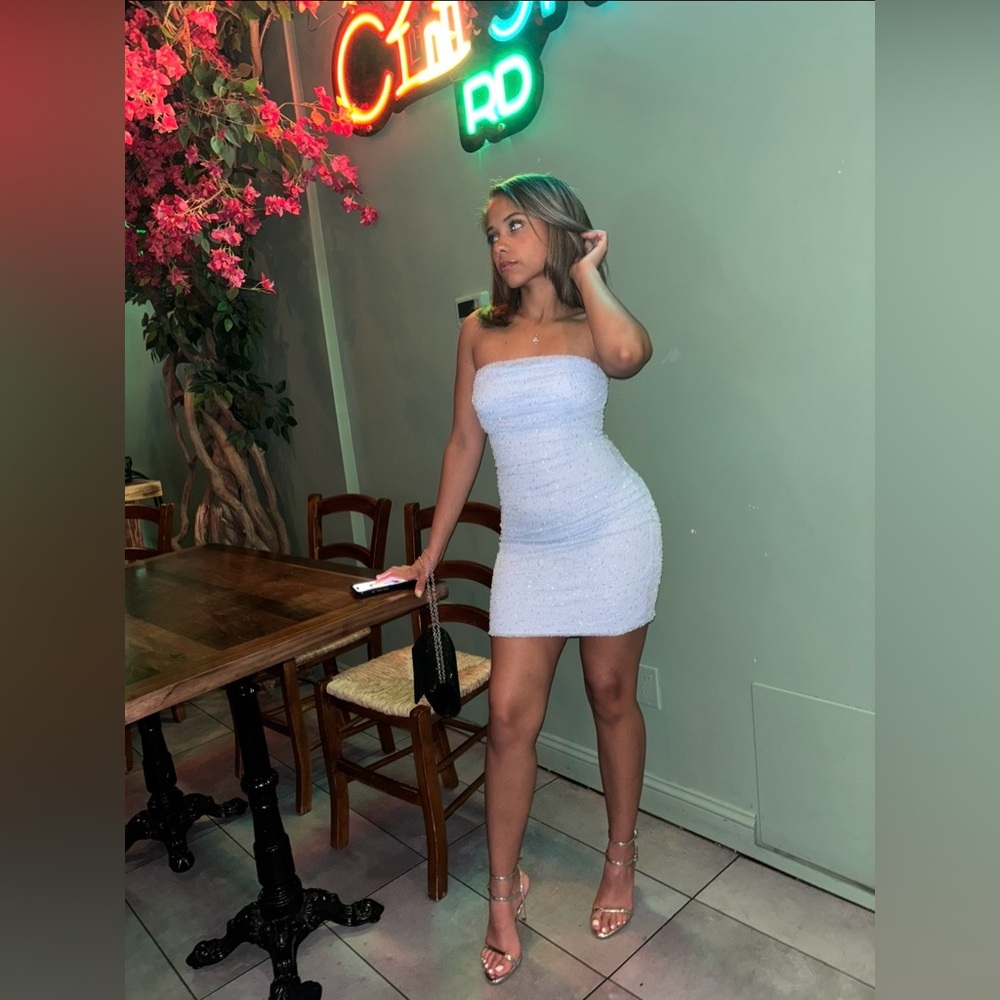 Windsor Strapless Sparkle Mini Dress in Light Blue